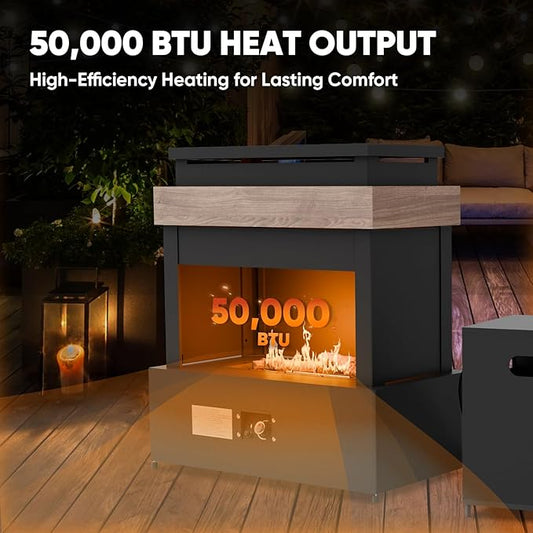 35'' Outdoor Propane Fireplace with Tank Storage, CSA Certified 50,000 BTU Patio Firepit with Dust Cover for Garden, Backyard and Balcony, Gray/Beige