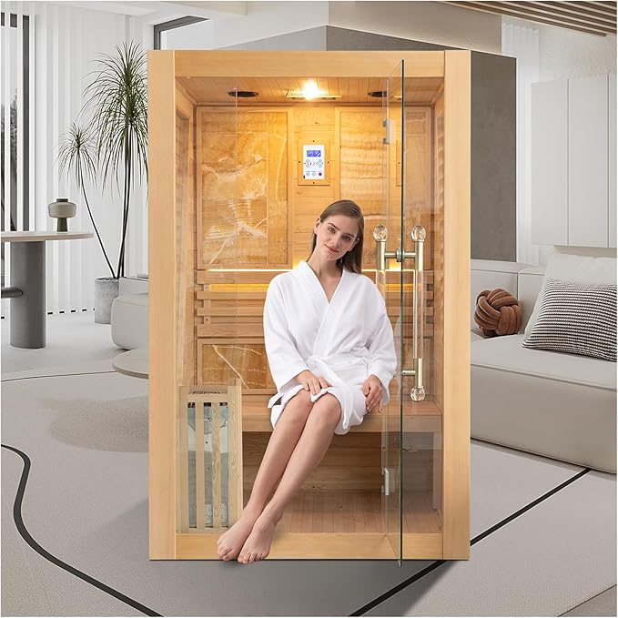 ZONEMEL Wooden Steam Sauna Room, 2 Person Canadian Red Cedar Luxurious Indoor Sauna with 3.5 KW Harvia Stove Heater, Bluetooth Speaker, Sauna Stone, Wooden Bucket, Scoop, Reading Light, 220V