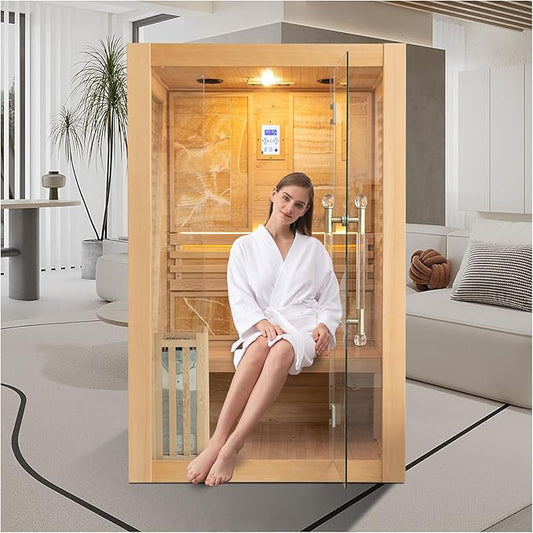 ZONEMEL Wooden Steam Sauna Room, 2 Person Canadian Red Cedar Luxurious Indoor Sauna with 3.5 KW Harvia Stove Heater, Bluetooth Speaker, Sauna Stone, Wooden Bucket, Scoop, Reading Light, 220V