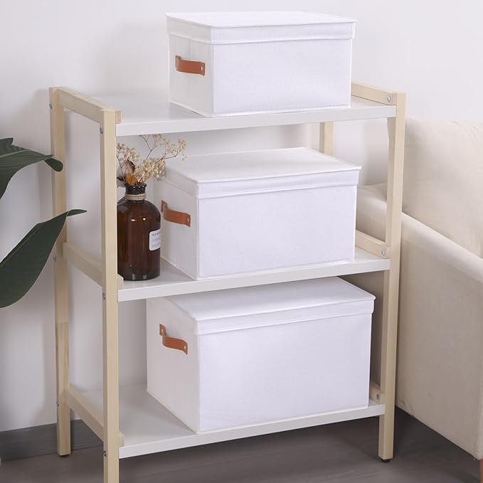Storage Boxes with Lids, 15 x 9.8 x 8.3 Inch Storage Baskets for Shelves, Decorative Closet Organizers with Handles, White, 5-Pack
