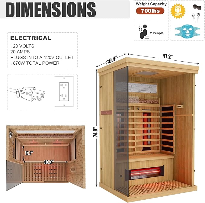 MEISSALIVVE Full Spectrum Sauna for Home, 2 Person Indoor Infrared Sauna Room with 10 Minutes Warm-up Heate, Canadian Hemlock Wood Home Infrared Sauna with Bluetooth and Tempered Glass