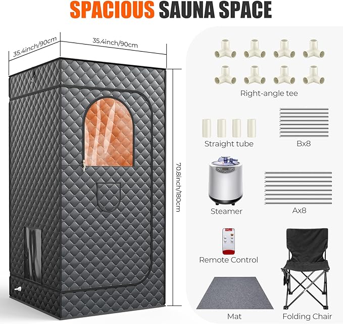 2025 Upgraded Steam Sauna Box for Home, 15 Levels Precision Temp 3L 1200W Tank, Folding Chair, Fast Setup Indoor Saunas for Muscle Relief & Detox, Compact Sauna Spa for Family Relaxation
