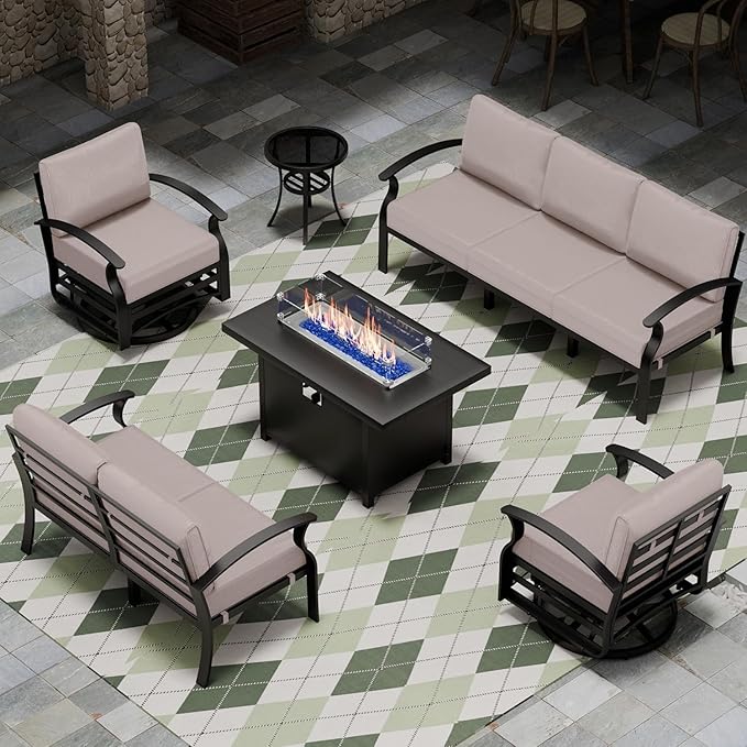 Aluminum Outdoor Furniture Set with Fire Pit Table, 7-Seat Patio Conversation Set Including Swivel Rocker Chairs & Sectional Sofas, All-Weather Metal Frame for Deck, Porch, Backyard,Sand