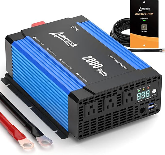 Ampeak 2000W Inverter, Car Power Inverter 12V to 120V, 89.37% High Efficiency Modified Sine Wave Inverter, 3 AC Outlets Dual USB 5V 3.1A, Surge 4000W Remote Controller for Vehicles, Truck, RV, Home