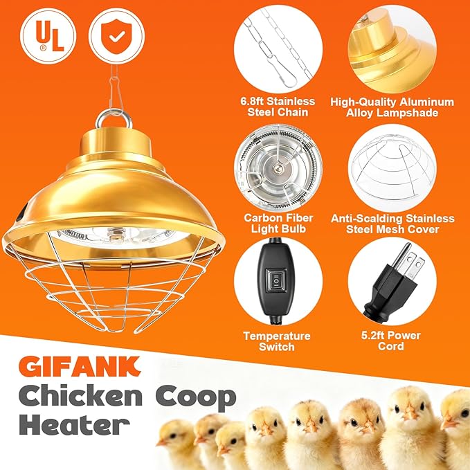 Chicken Heat Lamp 350W,Chicken Coop Heater with Carbon Fiber Bulb,Winter Hanging Heat Lamp for Chicks Brooder,Two-Temperature Adjustable (175/350W) for Puppy,Kitten and Poultry