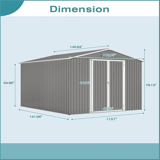Metal Shed10x12 ft Outdoor Storage Shed,Metal Steel Utility Tool Shed Storage House with Double Lockable Doors and Air Vent for Backyard Garden Patio Lawn Gray