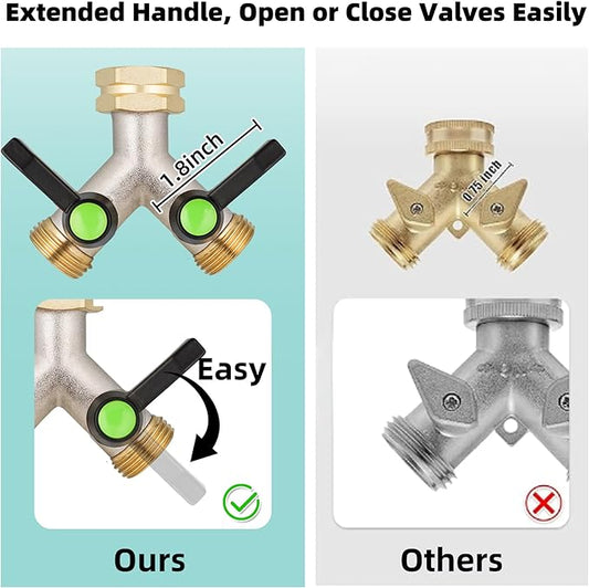 Hose Splitter,Garden Hose Splitter 2 Way,Y Adapter for Water Hose, Faucet Splitter, 2 Way Heavy Duty Brass Splitter，Outdoor Faucet Splitter,with Long Handle.