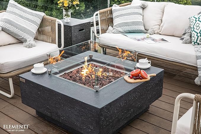 Elementi Manhattan Gas Fire Pit Cast Concrete Fire Table, Outdoor Fire Pit Electronic Ignition | Canvas Cover, Lava Rock Included | Free AMS Wind Guard | Dark Gray (Natural Gas)