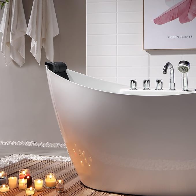 Empava 59 inch Acrylic Freestanding Tub Hydromassage Gracefully Oval Shaped Whirlpool 8 Water Jets Soaking SPA, Double-Ended Massage Bathtub with 2 Black Pillows, White