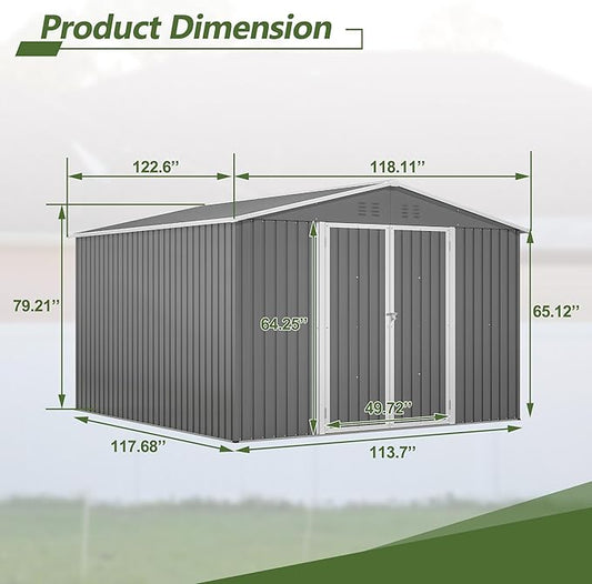 10×10 FT Outdoor Storage Shed,Metal Aluminum Waterproof Tool Sheds with Foundation,Doors & Vents,Heavy-Duty Sheds Unit W/Lock & Key,for Storing Bicycles,Lawnmowers,Barbeques,Gray