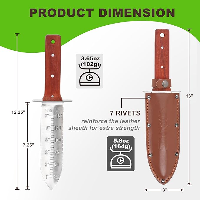 Topline Full Tang Hori Hori Garden Knife, Hori Hori Knife with Sharpening Stone, Double-Edge Stainless Steel Blade, Heavy Duty Leather Sheath Included, Garden Tools for Digging, Weeding, Planting
