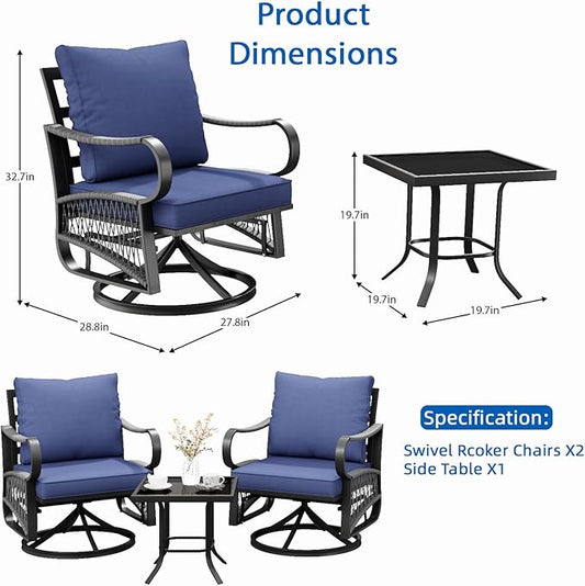 3 Piece Patio Furniture Set, Rope Woven Outdoor Conversation Set with High Back Metal Swivel Chairs and Coffee Table, Thick Cushions for Garden, Porch, Blue
