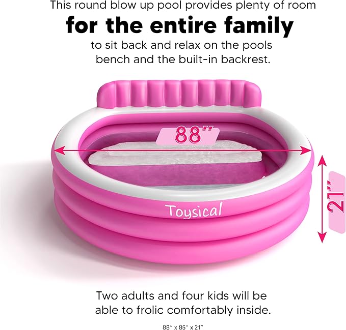 Toysical Round Lounge Inflatable Pool with Seats and Backrest for Kids, Family and Adults, “88 x 85 x 21”