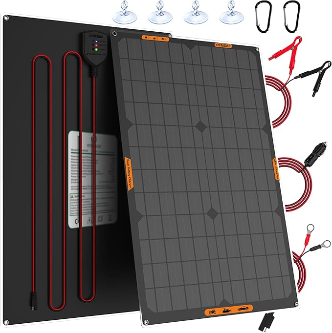 OYMSAE 30W 12V Solar Trickle Charger Maintainer, Waterproof Portable Solar Panel Battery Charger Kit with Cigarette Lighter Plug & Alligator Clips for Car, RV, Truck, Boat, Motorcycle, Marine