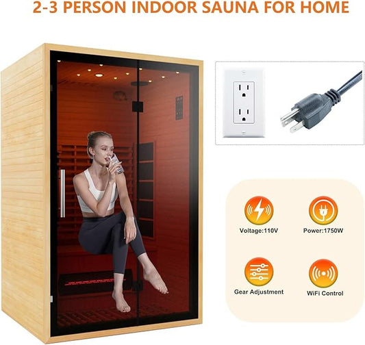 Smartmak Full Spectrum Infrared Sauna, 2-Person Canadian Hemlock Red Light Indoor Sauna, Smart WiFi, Low EMF, Speakers, Oxygen Bar, Reading and 7-Color Lighting (1750W,110V)