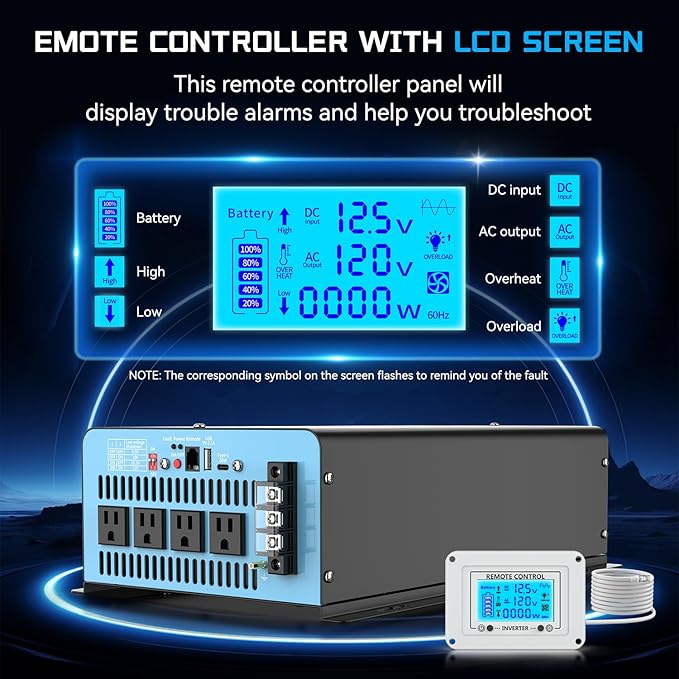 New Upgraded 3000 Watts Pure Sine Wave Inverter, 12V DC to 110V AC Power Inverter with 4 AC Outlets, USB Port, Type-C Port for Truck, Vehicle, Power Outage, Remote Control with LCD Screen