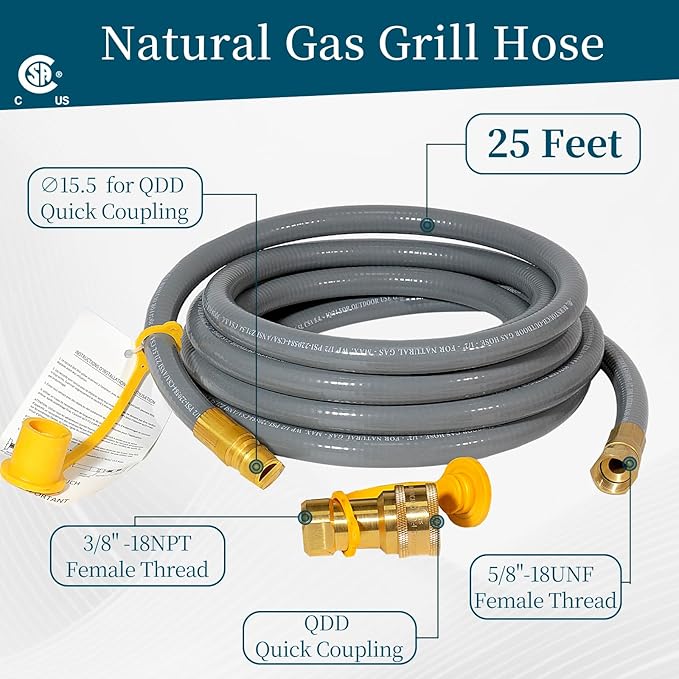 25FT 3/8" ID Natural Gas Grill Hose with Quick Connect Fittings, Low Pressure NG Hose Fit Weber, Char-Broil, Pizza Oven, Patio Heater