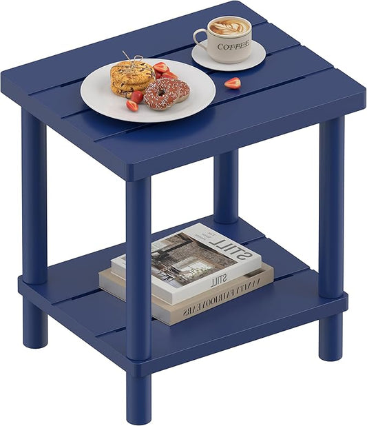 LEJANEOYE Outdoor Side Table, 2-Tier Small Outdoor Table for Patio, Adirondack Side Tables for Outside or Indoor, Bamboo End Table for Pool, Porch, Weather Resistant Easy Maintenance-Dark Blue