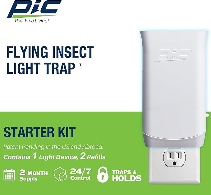 PIC Flying Insect Light Trap, Attracts and Traps House Flies, Fruit Flies, and Gnats (1 Device & 2 Cartridges)