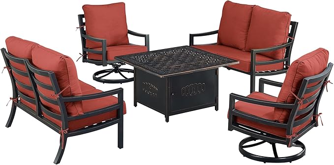 Oakland Living Black Aluminum Patio Fire Table Set with Two Deep Seating Loveseat with Cushions and Two Club Chairs with Red Cushions