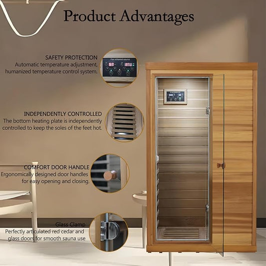 LTCCDSS Infrared Sauna, Red Cedar Far Infrared Sauna with 1050W, 1 Person Wood Sauna with 6 Low EMF Heaters, 2 Bluetooth Speakers, LED Lamp Left Door