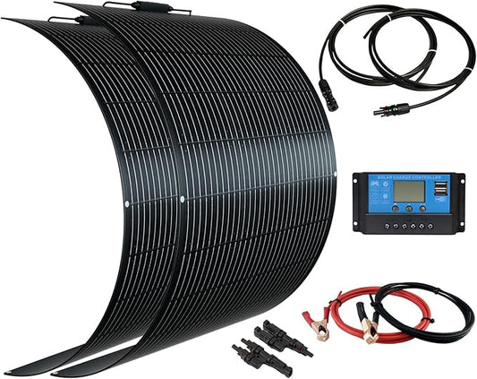 Flexible Solar Panel kit 200W 12V,2PCS 100W Monocrystalline Module,20A Charge Controller,Extension Cable Off-Grid Charger for RV Boat Van Car Curve Surfaces (200W Solar KIT)