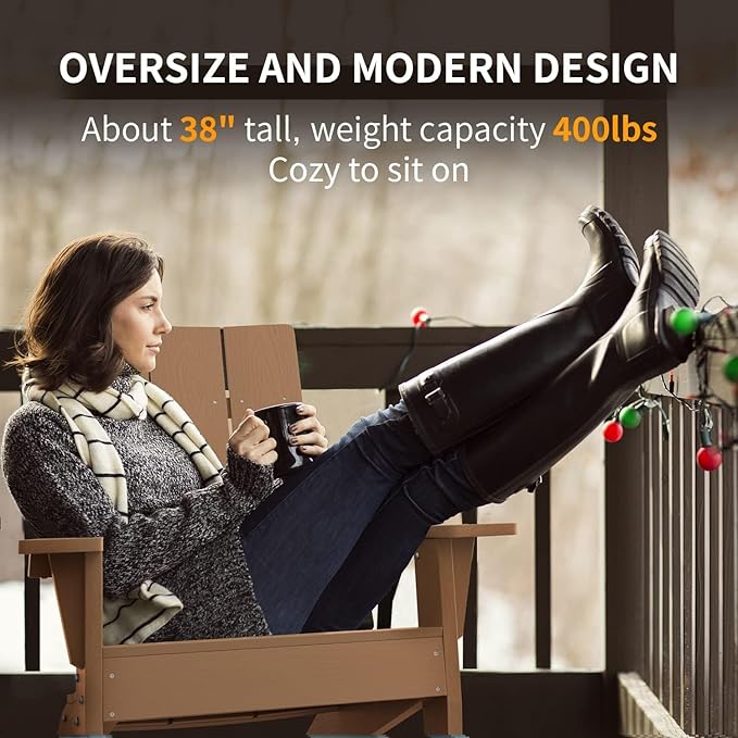 MXIMU Modern Adirondack Chair Weather Resistant with Cup Holder Oversized Fire Pit Chairs Adorondic Plastic Outdoor Chairs for Firepit Area Seating (Teak)