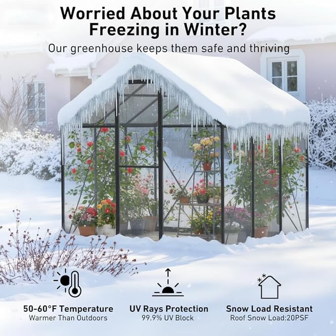 6x6 FT Greenhouse, Outdoor Walk-in, Aluminum Frame & Polycarbonate Panels, Sliding Lockable Door, Screened Vent Window, Ground Nails, Quick Setup for Garden Backyard, Black