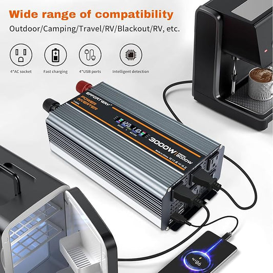 3000 watt Power Inverter DC 12V to AC 110V/120V Converter,6000w Peak.Comes with LCD Display,Wireless Controller,4AC outlets,4 USB.RV Inverter,Suitable for Camping,and Off-Grid Solar Inverter Systems