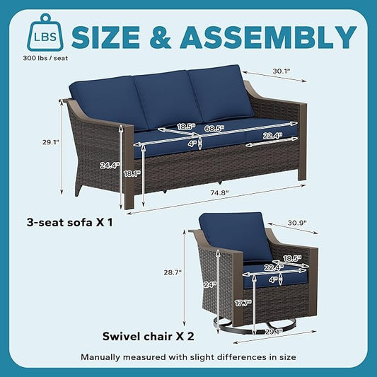 3 Pieces Outdoor Patio Conversation Furniture Set - 75" 3-Seat Sofa | 2 Swivel Glider Rocker Chairs | Wicker End Table, Rattan Couch, Metal armrests, Deck (Navy Blue)