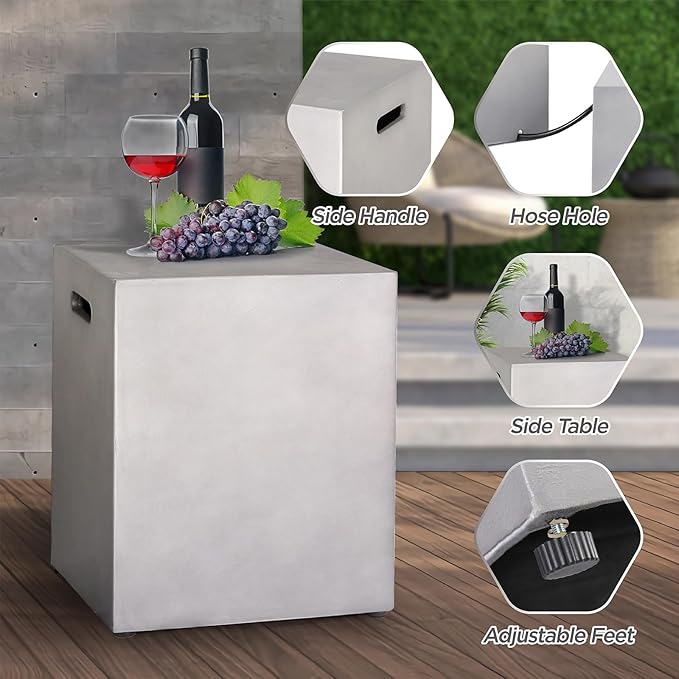 60-inch Outdoor Propane Fire Pit Coffee Table with Tank Cover, 50,000 BTU Concrete Rectangle Modern Outside Fire Table, Auto-Ignition, Included Lava Rocks, Metal Lid & Waterproof Cover