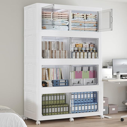 800 QT Extra Large Stackable Storage Bins with Lid, 200 Gal Collapsible Storage Box with Wheels, Folding Closet Organizers and Storage Cabinet with Doors for Home, Kitchen, Office, 4Pack White