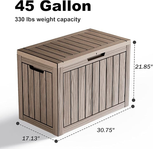 45 Gallon Deck Box Large Outdoor Storage for Patio Furniture,Outdoor Cushions,Garden Tools and Pool Supplies,Waterproof,Resin,Lockable(Grey)