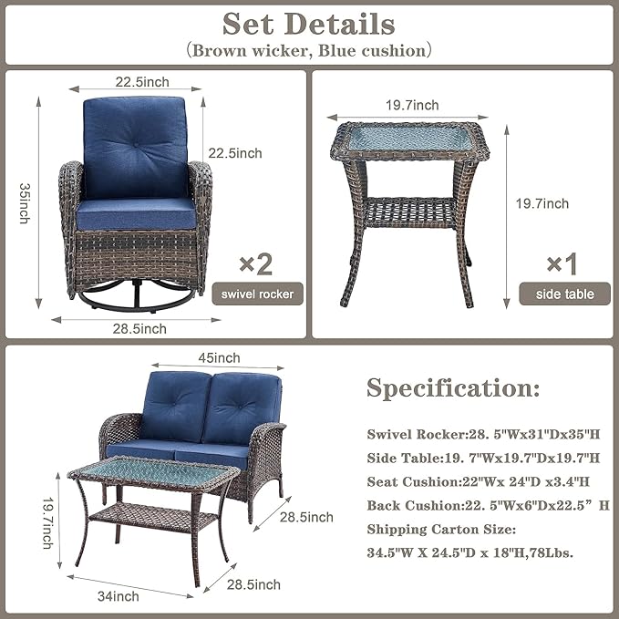 Belord 5 Piece Wicker Patio Furniture Set - Outdoor Conversation Sets with Deep Seating Swivel Rocker Chairs Loveseat and Rattan Coffee Table for Deck Backyard Poolside, Brown Wicker/Blue Cushion