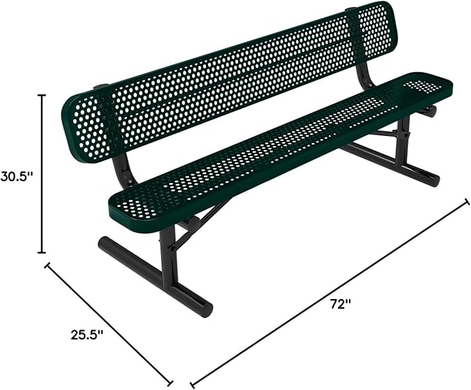 COATEDOUTDOORFURNITURE Coated Outdoor Furniture Heavy-Duty Portable Outdoor Bench Thermoplastic Coated, Punched Steel, Commercial-Grade Seating, Made in America (Portable with Back, 6 Ft, Dark Green)