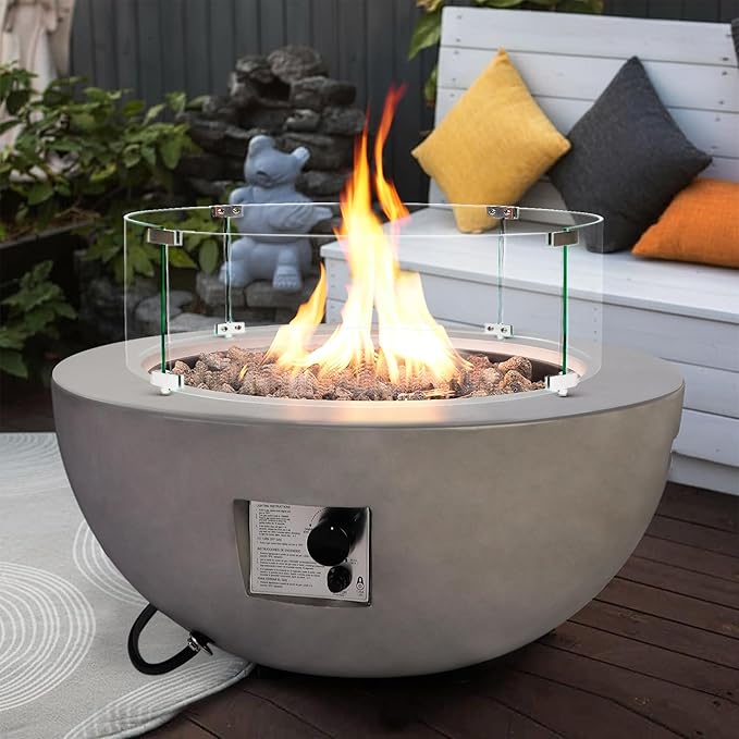 31.5 Inch Round Outdoor Propane Fire Pit Table,50000 BTU Concrete Fire Pit with Glass Wind Guard,CSA Certified,Includes Steel Lid & Weather Cover for Patio,Backyard,Deck Garden
