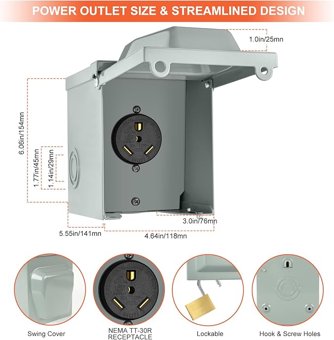 WELLUCK 30 Amp RV Power Outlet Box, 125 Volt NEMA TT-30R RV Receptacle, Enclosed Lockable Outdoor Electrical Panel Weatherproof Plug for Temporary Hookup RV Camper Travel Trailer Car Generator