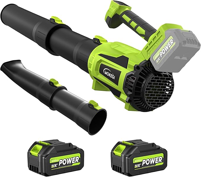 Leaf Blower Cordless, WOKEGI 21V 2 x 4.0Ah Batteries and Fast Charger, with 5-Speeds & Turbo Mode Electric Cordless Leaf Blower, Brushless,3 Tubes for Patio,Lawn,Yard,Garage,Blowing Leaves, Dust, Snow