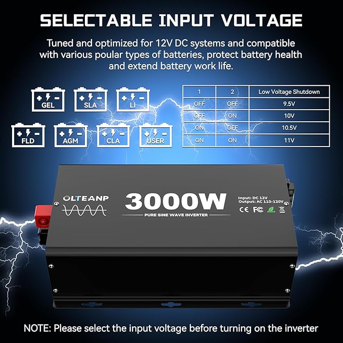 New Upgraded 3000 Watts Pure Sine Wave Inverter, 12V DC to 110V AC Power Inverter with 4 AC Outlets, USB Port, Type-C Port for Truck, Vehicle, Power Outage, Remote Control with LCD Screen