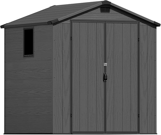 Greesum 6x6FT Plastic Outdoor Storage Shed with Floor, Resin Storaged Sheds with Lockable Double Door, Window and Vents, All-Weather Tool Sheds for Garden, Backyard, Patio, Dark Gray