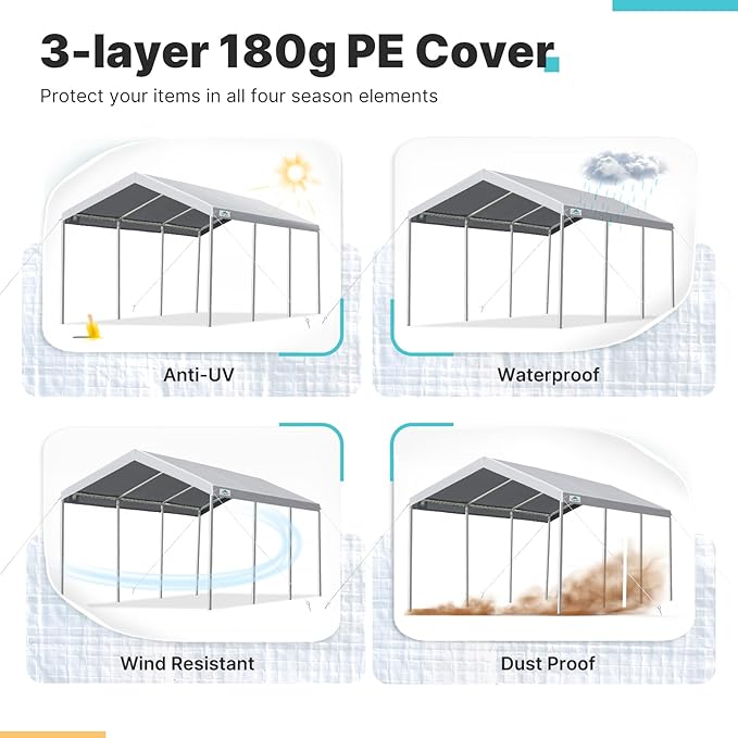 ADVANCE OUTDOOR 10x20 ft Heavy Duty Carport Potable Car Canopy Garage Party Tent Boat Shelter, Adjustable Height from 9.5 ft to 11 ft, Gray