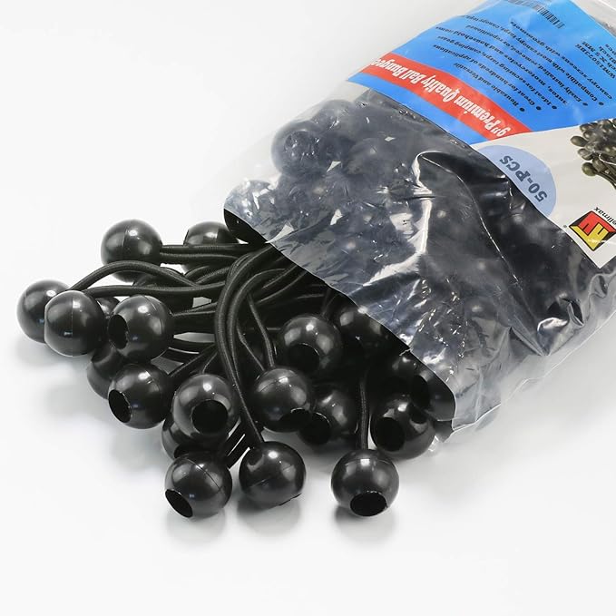9 inch 50 Piece Heavy Duty 5mm Ball Bungee Canopy Cord By Wellmax, Black Color