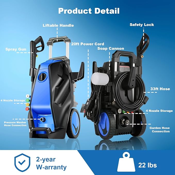 commowner 5000PSI Electric Pressure Washer with 33FT Hose 4.0GPM Power Washers Electric Powered Professional High Pressure Cleaner Machine, Foam Cannon, 4 Tips, powerwashers for Home Cars, LBlue