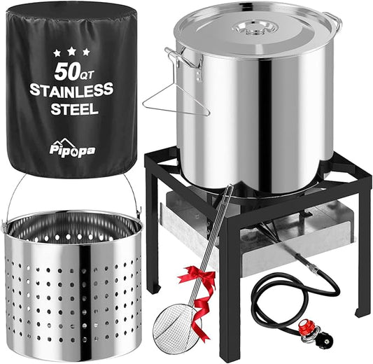 50QT Stainless Steel Crawfish Boiler | Seafood Boiling Kit | Cover & Skimmer Included | 110,000BTU Propane Jet Burner | 0-20 PSI CSA Certified Regulator | Crab Boil Pot for Outdoor Backyard Cooking