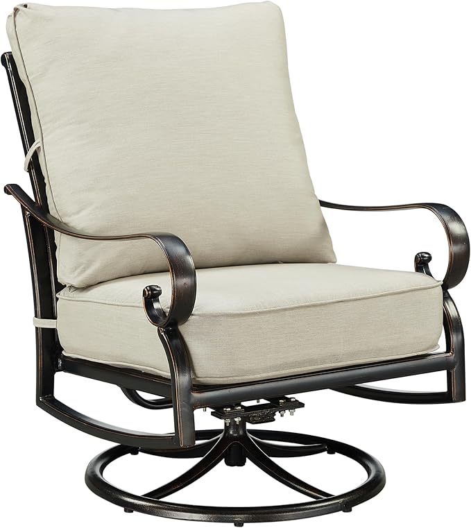 Pair of Black Aluminum Patio Deep Seating Swivel Rocker Club Chairs with Light Grey Cushions