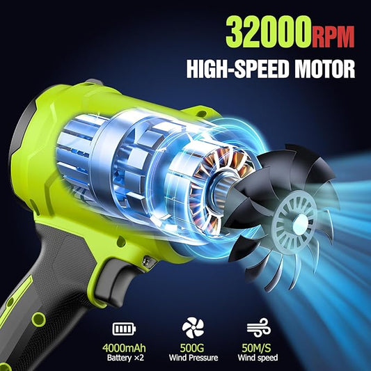 Cordless Leaf Blower, Leaf Blower Cordless with Battery and Charger, Portable Lightweight Handheld Blower, Extended Nozzle, Turbo Jet Blower for Lawn Care, Patio Cleaning, Leaves, Dust (Green)