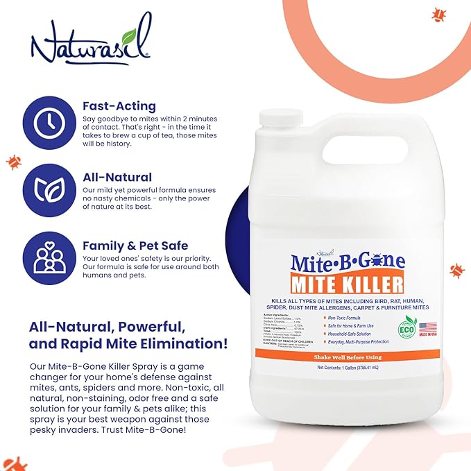 Mite Killer Treatment Spray for Home by Mite-B-Gone - Kills All Types of Mites, Dust, Spider, Rat, Carpet & Bird Mites | Safe for Homes, Furniture & Animals | Non-Toxic | Kid & Pet Friendly | 1 Gal
