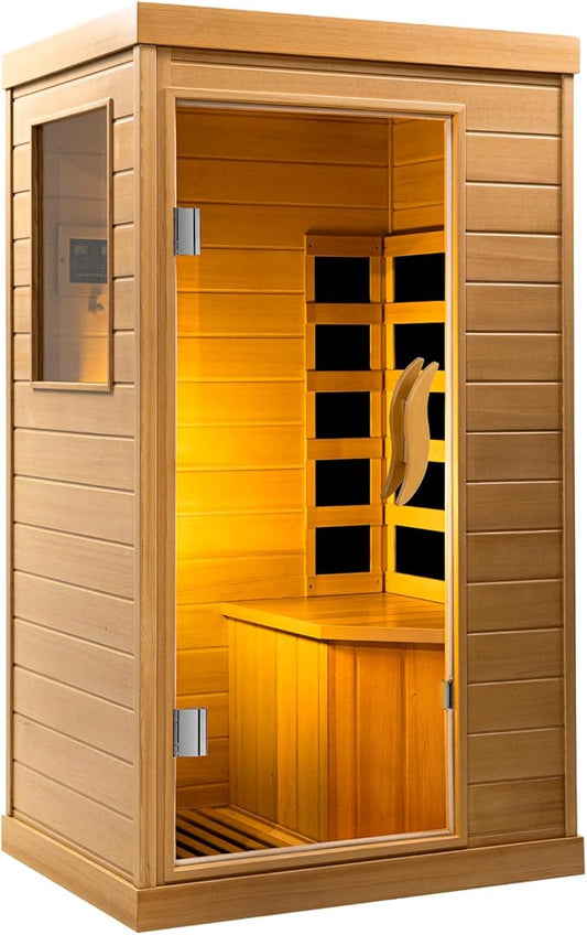 HomeMiYN Far Infrared Wood Sauna Box,Traditional Sauna Room Indoor Home Spa Low-Emf Dry Saunas Single Person Spa Canada Hemlock,Nature