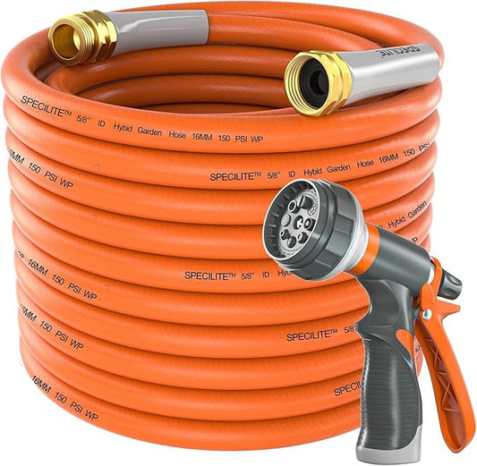 SPECILITE Garden Water Hose 150 ft x 5/8 in Heavy Duty, Flexible and Lightweight, Burst 600 psi, Kink-less Hybrid Rubber Pipe for Backyard, 3/4'' Brass Fittings, Orange