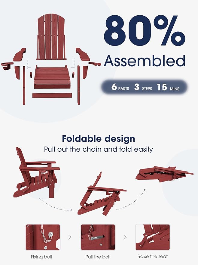 KINGYES Folding Adirondack Chair Set of 6, Dual Cup Holders & All-Weather HDPE, Wood-Like Patio Chair for Backyard, Camping, Pool & Fire Pit, Dark Red